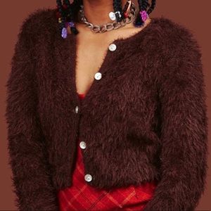 NWT UNIF Cardigan Cropped Button Up Fuzzy Brown